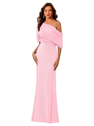 Image of Mermaid Satin Mother of The Bride Dresses for Women Elegant One Shoulder Ruffle Long Formal Evening Gown