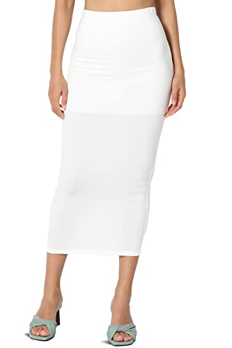 TheMogan Women's High Rise Buttery Soft Lined Mid Calf Bodycon Midi Pencil Skirt Off White S