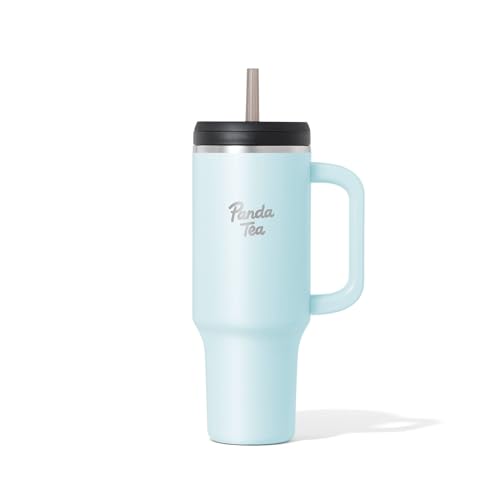 Panda Tea - Mug XXL avec Paille - 1180 mL - Bleu - Gourde Inox isotherme avec Paille – Boissons Chaudes & Froides - Bouteille Double Paroi – Gourde Grande...