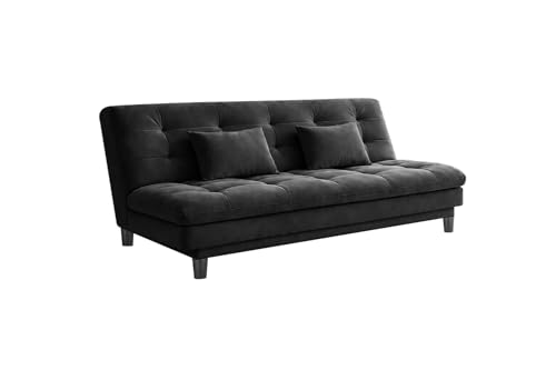 Image of 3 Seater Velvet Sofa Cum Bed, Tufted Convertible Sleeper Couch, Space-Saving Design, Comfortable Cushioned Seating - Black Color