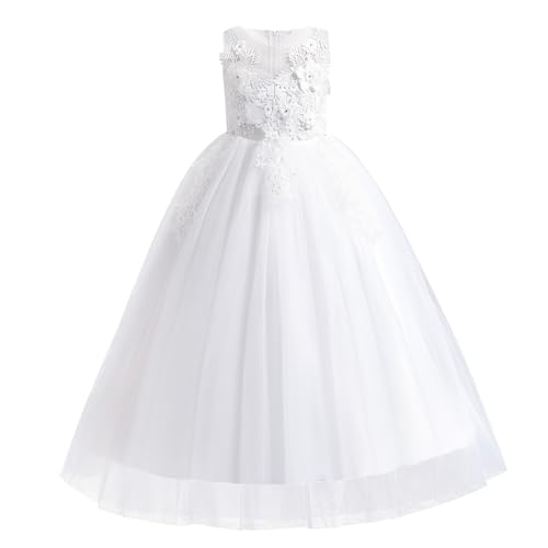 First Communion Dress for Girls: lace Dresses for Girls Bridesmaid Pageant Flower Princess Wedding Formal Prom Floor Long Tulle Dress 7-16T Dance Evening Maxi Gown White 6-7 Years