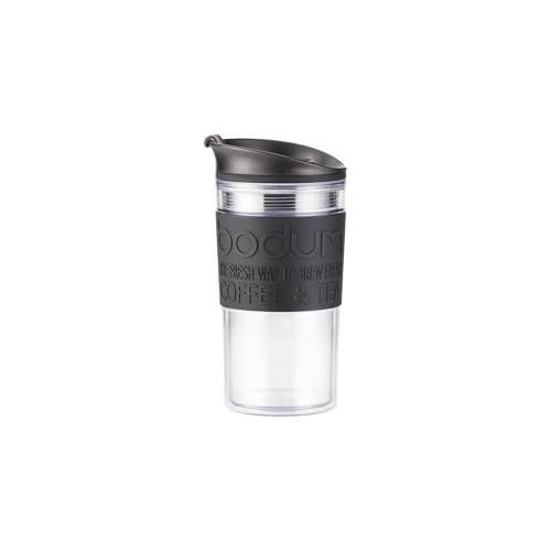 Bodum 12oz Double Wall Insulated Travel Mug with Lid, Clear Plastic w/Black Silicone Sleeve