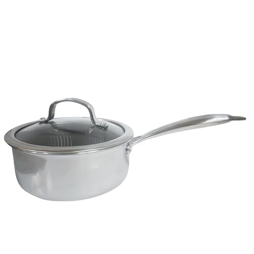 Reldor Saucepan with lid 18 cm / 2 Litre | Non Stick Saucepan for Gas, Electric Hobs, Stainless Steel Triply Honeycomb 300°C Oven Safe Induction Pot, Durable Handle, Even Heat Distribution