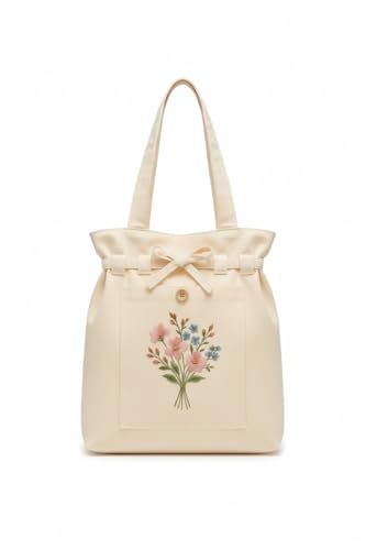 Image of Embroidered Canvas Tote Bag for Women | Floral Design Cotton Shoulder Bag | Reusable Shopping & Office Handbag Multi-Purpose Bags