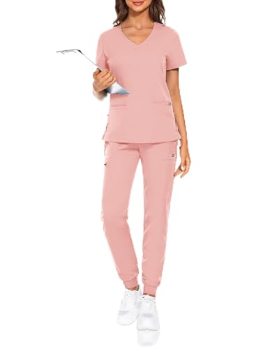 VIAOLI Women's Scrubs Set V-Neck Scrub Top with Jogger Pant and 8 Pockets for Nursing and Clinical Work Uniform (Pink,M,Medium)