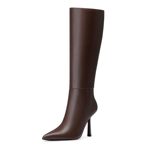 Women Knee High Boots: 4 Inch Stiletto Heel Wide Calf Boot - Tall Pointed Toe Booties - Comfortable Heeled Fall Boots for Night out, Party, Work