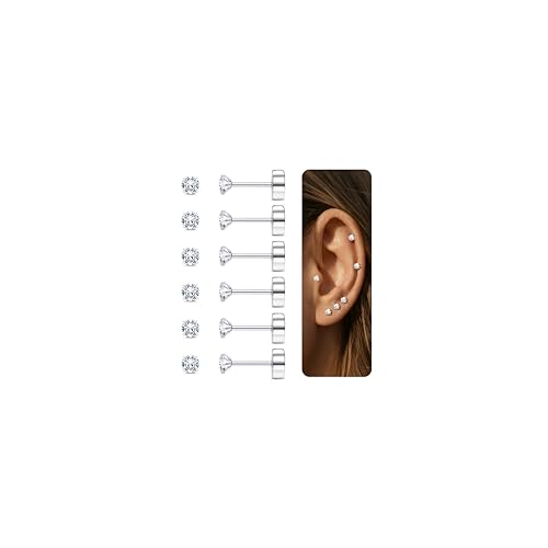 Diamday 6 Paires Boucles d'Oreilles Cartilage pour Femmes Hommes dos plat Set Boucles d'Oreilles Acier Chirurgical 316L Tragus CZ Petite Hélice Bijoux...