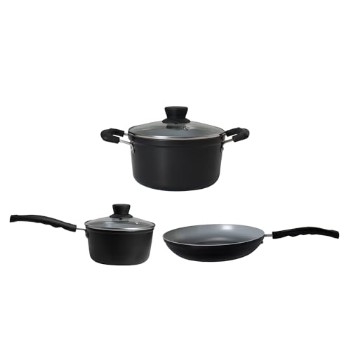 Image of Get Plumm Non-Stick Ceramic Cookware Set of 5 | Cooking Pot, Sauce Pot & Kadhai, Fry Pan, Sauce Pan | 24-20-16cm |Induction & Gas Compatible | Black