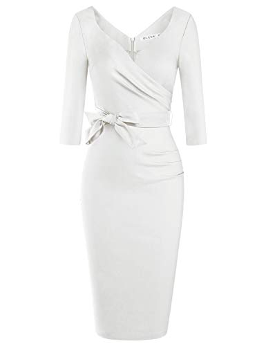 MUXXN Ladies Off White Color Vintage Style Summer Office Business Pencil Dress (White L)