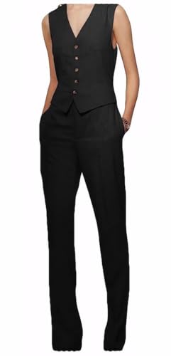 Linen Vest and Pants Set Women 2 PC Sleeveless V Neck Vest Tops Waistcoat Linen Pants Casual Matching Set