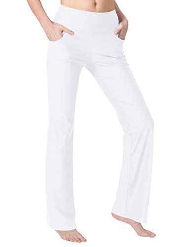 Zeronic Bootcut Yoga Pants For Women With Pockets High Waisted Workout Running Pants Tummy Control Long Bootleg Work Pants (White, X-Large) #TOP2