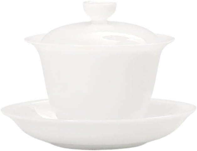 Chinese White Porcelain Gaiwan Set - Ice Jade Ceramic Gongfu Tea Cup with Lid & Saucer - Lard White/Mutton Fat Jade Unglazed (Biscuit Firing) Tea Set for Home Brewing