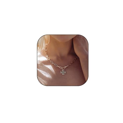 Chunky Cross Necklace For Women, 14k Gold-Plating Geometric Metal Sheet Faith Pendant Vintage Paperclip Chain Choker Charm Non Tarnish Jewelry Gift