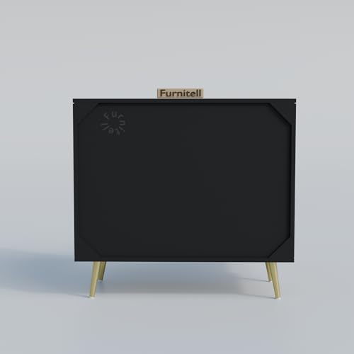 Image of Wooden Storage Cabinet For Living Room & Bedroom | Fluted Design Sideboard Cabinet with 2 Doors Storage Unit | Multipurpose Organizer for Entryway | HDMR Premium Wood|Gold Metal Legs (Black)