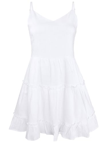 Image of FANCYINN Women Floral Casual Tiered Mini Dresses Spaghetti Strap V Neck Backless A Line Swing Short Dress with Pockets