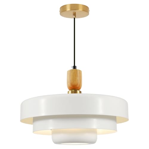 Image of Scandinavian White Adjustable Pendant Light, Wood Accent Minimalist Hanging Lamp for Modern Apartment, Kitchen Island, Dining Room, Breakfast Nook
