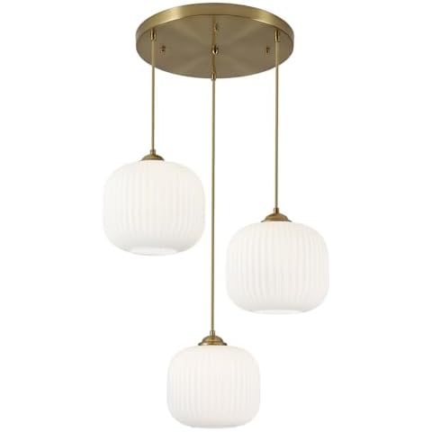 BOKT White Pendant Lights Kitchen Island 3 Light Globe Cluster Pendant Light Large Ribbed Glass Cluster Chandelier Gold Vintage Adjustable Hanging Light Fixture for Sink Dining Room Cover