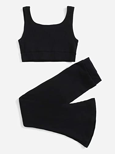 Milumia Girl's Two Piece Outfits Rib Knit Button Crop Tank Top And Flare Pants Set Black 8 Years #TOP28