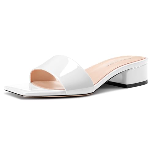 Image of TNYNFBEB Womens Chunky Block Low Heel Open Square Toe Sandals Mules Shoes Slip-on Prom Party Dress Patent Leather 1.4 Inches Heels
