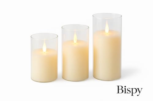 Image of LED Flameless Candles with Flickering Flame, Battery Operated Real Wax Pillar Candles in Glass Holders, Warm Light Yellow Glow, Safe & Elegant Home, Bedroom, Party, and Wedding Decor (Set of 3)