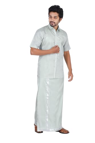 Image of PRAKASAM COTTON-Mens Art Silk Wedding Set /Art Silk 8 Mulam (8-Yard) Dhoti and Stitched Shirt for mens
