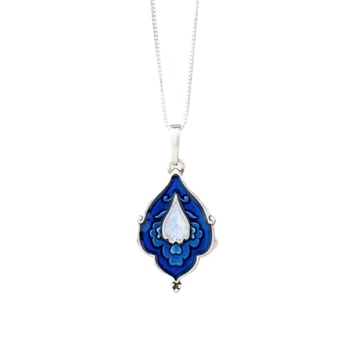 DANFORTH – Pewter Sapphire Blue Sari Necklace – 2” Boho Charm Pendant On 18” Sterling Box Chain – Indian-Inspired Designer Jewelry – Handpainted & Handmade in USA