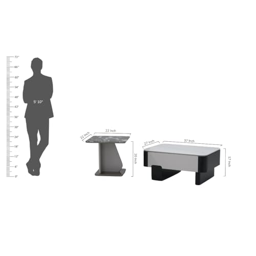 Image of Royaloak Seattle American Glass Coffee Table Set of Two | Tempered Glass with Marble Effect Surface & Black Body | Drawer Storage, Asymmetrical Side Design, Stylish Centre Table for Living Room