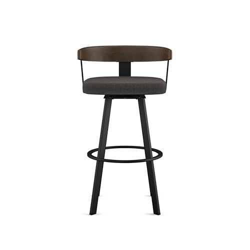 Image of Amisco Lars 30 inch Swivel Bar Height Barstool, Upholstered Stool with Solid Wood Back and Arms for Kitchen Island or Bar, Drees Stool, Charcoal Grey Polyester /Brown Wood /Black Metal
