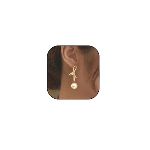 Bow Pearl Earrings for Women Crystal Bow Earrings 14K Gold Bowknot Dangle Drop Earring Dainty Statement Pearl Earring Jewelry Gifts