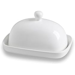 Sweejar Ceramic Butter Dish with Lid for Countertop,Porcelain Butter Keeper with Knob Handle,Butter Container for East/West Coast Butter, 7.3*4.1 inches (White)
