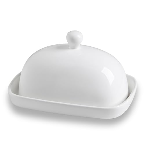 Sweejar Ceramic Butter Dish with Lid for Countertop,Porcelain Butter Keeper with Knob Handle,Butter Container for East/West Coast Butter, 7.3*4.1 inches (White) by SWEEJAR - Used condition - CA$39.44