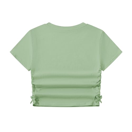 Image of Girl's Graphic Crop Top Summer Tee Drawstring Side Tie Knot Hem Round Neck Short Sleeve T-Shirts
