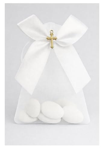 Lot de 25 Pochettes en Organza Blanc Croix Dorée – Sachets à Dragées, Cadeaux Invités Mariage Baptême Naissance– Contenant Bijoux, Bonbons, Souvenirs...