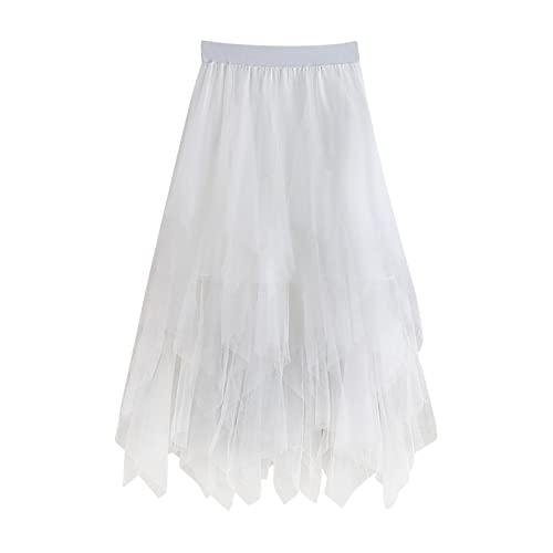 Faldas O Falda de Pastel con Costuras de Malla Irregular de Varias Capas para Adelgazar en la Cintura para Mujer Media Falda de Longitud Media Conjunto Top (White, One Size)