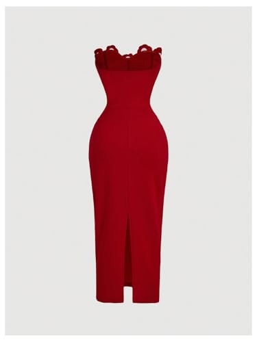 GORGLITTER Women's Corset Midi Dress Flower Applique Strapless Wedding Guest Cocktail Split Bodycon Floral Dresses2