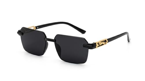 Image of Rimless Rectangle Sunglasses, Black Lenses with Gold Panther Detail, Stylish Unisex Eyewear