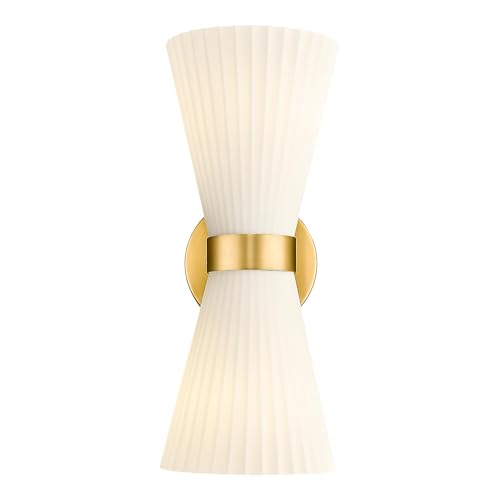 Image of Gold Sconce Wall Lighting, HWH Single Wall Vanity Light Fixture Brushed Gold Wall Sconce Lamp, Modern Indoor Up Down Wall Light with Frosted Milk White Striped Glass Shade, 5HZG97B-2W BG
