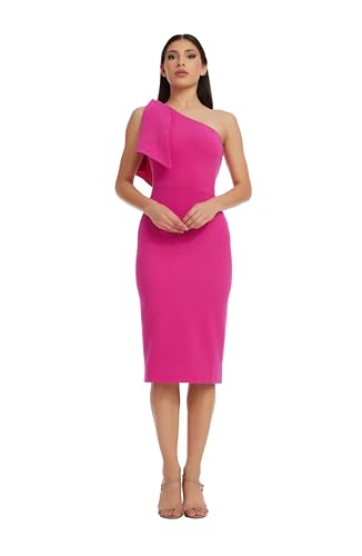 Dress the Population Women's Tiffany Asymmetrical Bow Neckline Bodycon MIDI Dress, Bright Fuchsia, Large