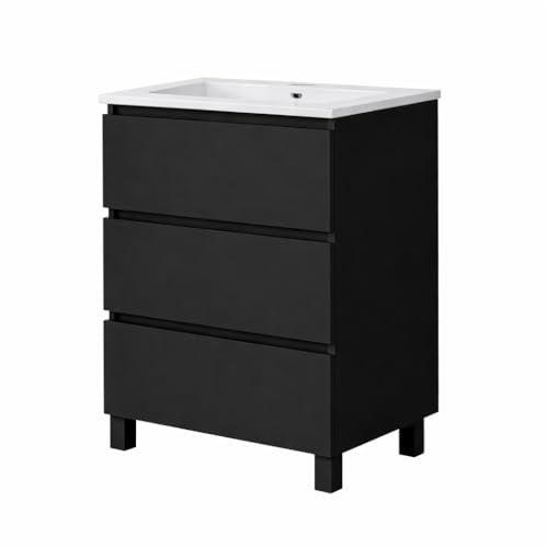 Baikal Mueble de Baño REN. Mueble MONTADO. 3 Cajones con Patas Negras. Armario de Baño. Lavabo Ceramico. Cierre Amortiguado. Altura 75cm. 60cm Negro.