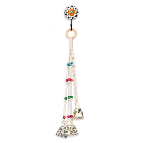 Image of KAAMERI BAZAAR Macrame Wind Chimes Enhance Living Space for Diwali (4 Bells, 1 Ring Tied with White Macrame Thread)