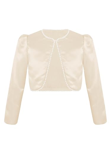 renvena Kids Girls Elegant Satin Cardigan Long Sleeve Flower Wedding Party Shrug Bolero Dress Cover Up