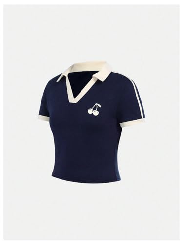 Floerns Girl's Cherry Embroidery Short Sleeve T Shirts Contrast Collar Tee Shirts4