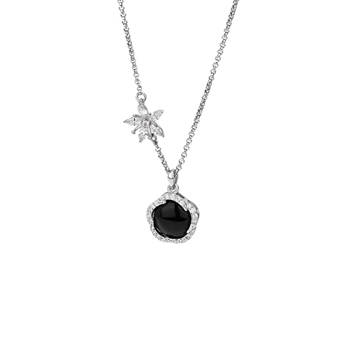 Collier pendentif fleur en onyx noir CFWSHJ pour femme