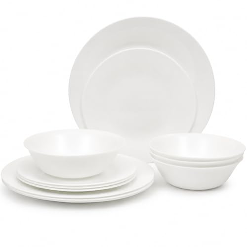 Image of Gibson Home Vanilla Hills 12-Piece Opal Glass Dinnerware Set, Service for 4 - Includes 10 inch Dinner Plates, 8 inch Salad Plates & 6.5 inch Bowls - Microwave Safe, Dishwasher Safe, Chip Resistant - White, Round