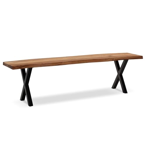 FineBuy Esszimmerbank Akazie Massivholz/Metall mit Baumkante, Esstischbank Modern, Holzbank Massiv ohne Lehne, Küchenbank Essbank mit X-Beinen, Sitzbank Esszimmer