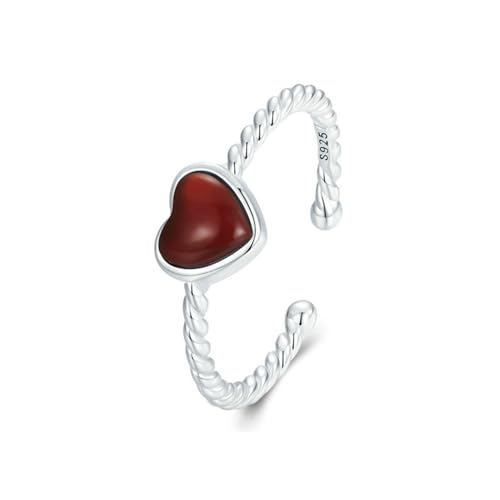 Anillo Ornamente, Anillo de amor abierto de ágata de plata esterlina S925, Anillo de corazón de amor ajustable Anillo de giro de ágata roja en forma de corazón simple de plata esterlina 925 Anillo