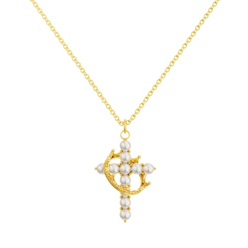 Pearl Crown Cross Necklaces for Women Dainty Non Tarnish