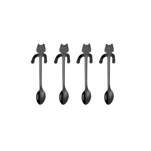 JANKOW 4PCs Cat Spoon Coffee Teaspoon, Stainless Steel Hanging Cup Tea Spoon, Dessert Scoop for Stirring Drink, Mixing Milkshake Jam, Set of 4 (Black) for Tea, Coffee, Dessert, Sugar, Ice Cream