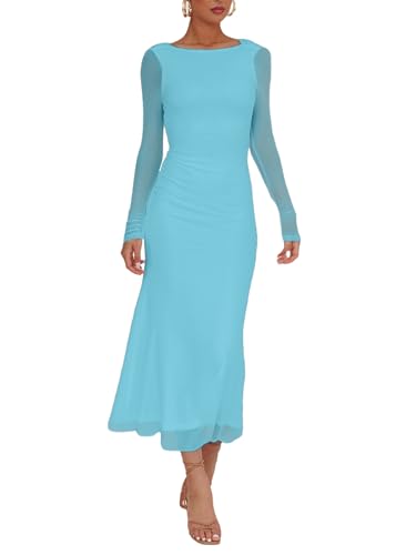 Image of Aisbei Women's Elegant Bodycon Maxi Dress Long Sleeve Boat Neck Backless Dress Party Cocktail Formal Wedding Guest Dresses