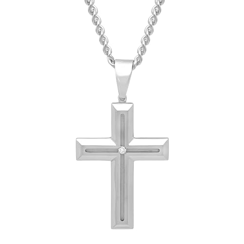 Men's Diamond Cross Pendant Necklace in Stainless Steel on a 24 Inch Cuban Link Chain